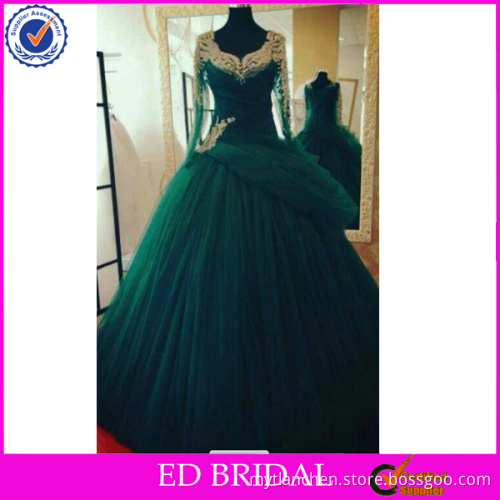 NC132 Gold Beaded Lace Up Back Long Sleeve Dark Green Ball Gown Prom Dresses For Muslim